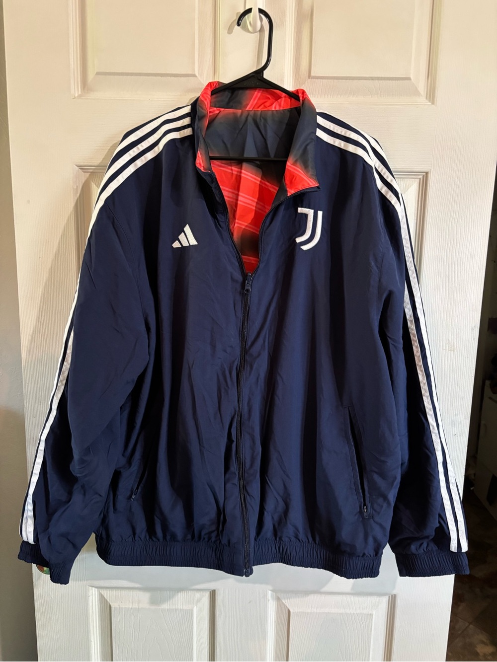 adidas Navy Jacket with White Stripes and Red Lining